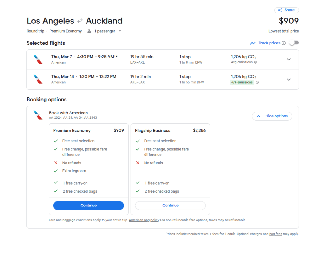 AA LAX to AKL PY ERROR
